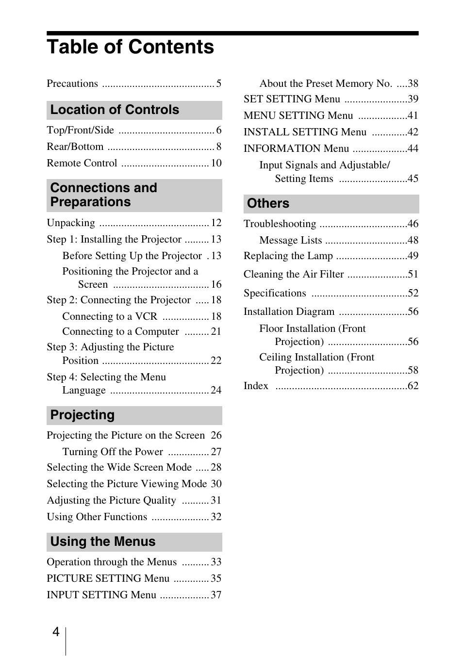 Sony VPL-BW5 User Manual | Page 4 / 64