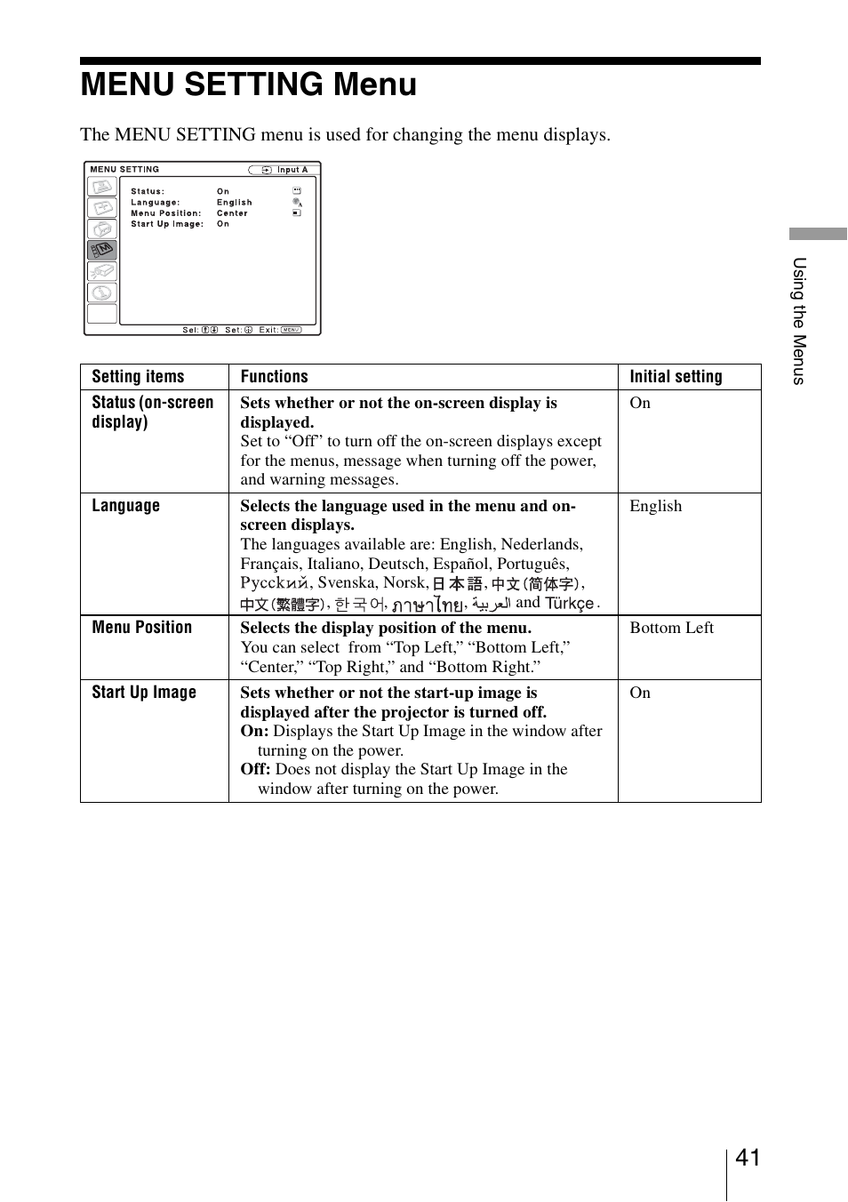 Menu setting menu | Sony VPL-BW5 User Manual | Page 41 / 64