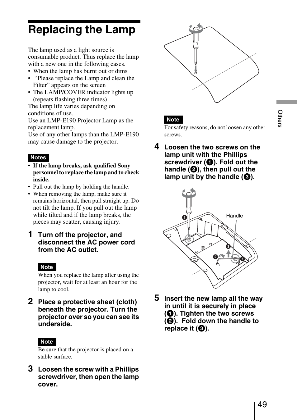 Replacing the lamp | Sony VPL-BW5 User Manual | Page 49 / 64