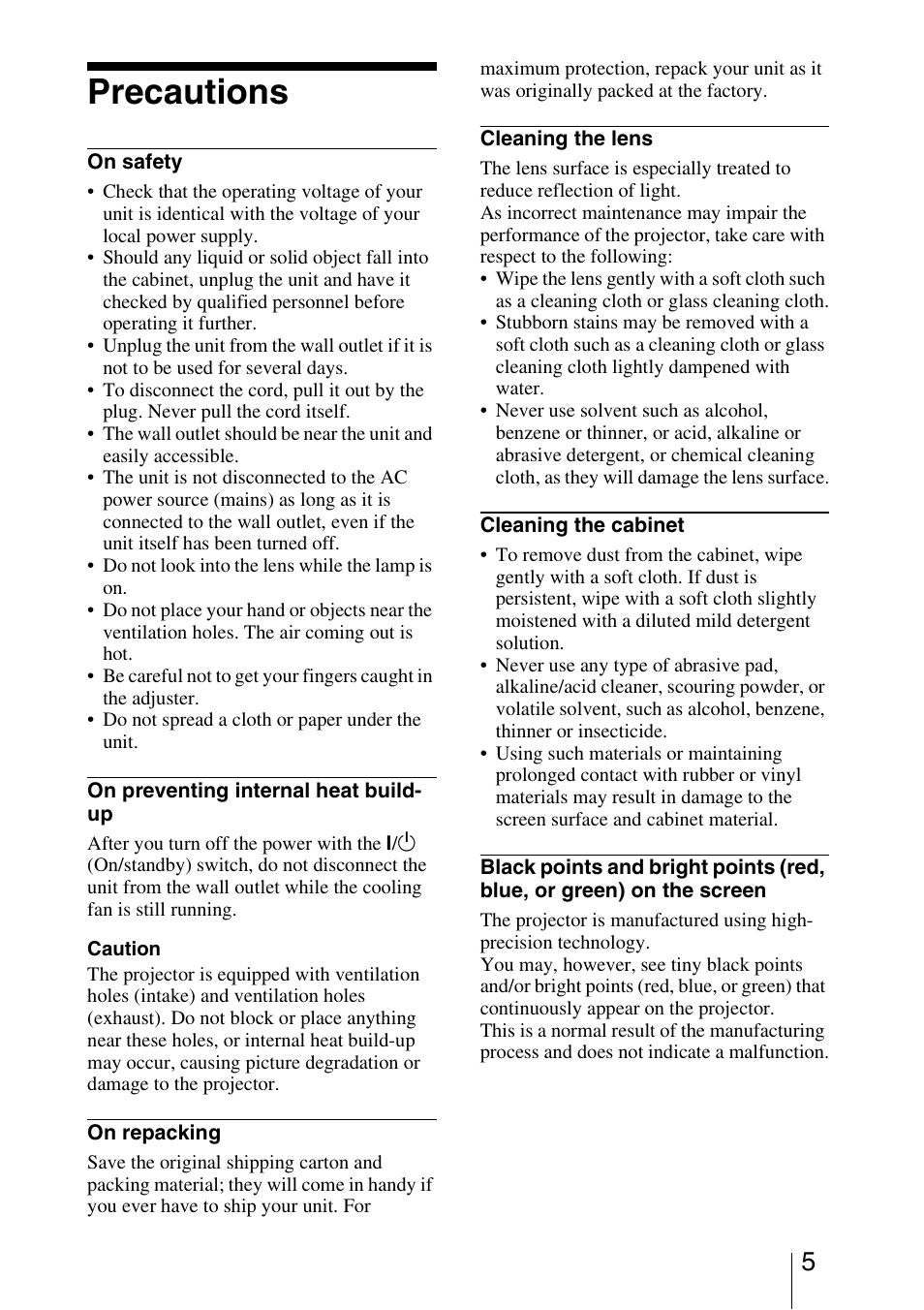 Precautions | Sony VPL-BW5 User Manual | Page 5 / 64