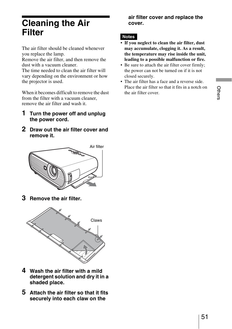 Cleaning the air filter | Sony VPL-BW5 User Manual | Page 51 / 64