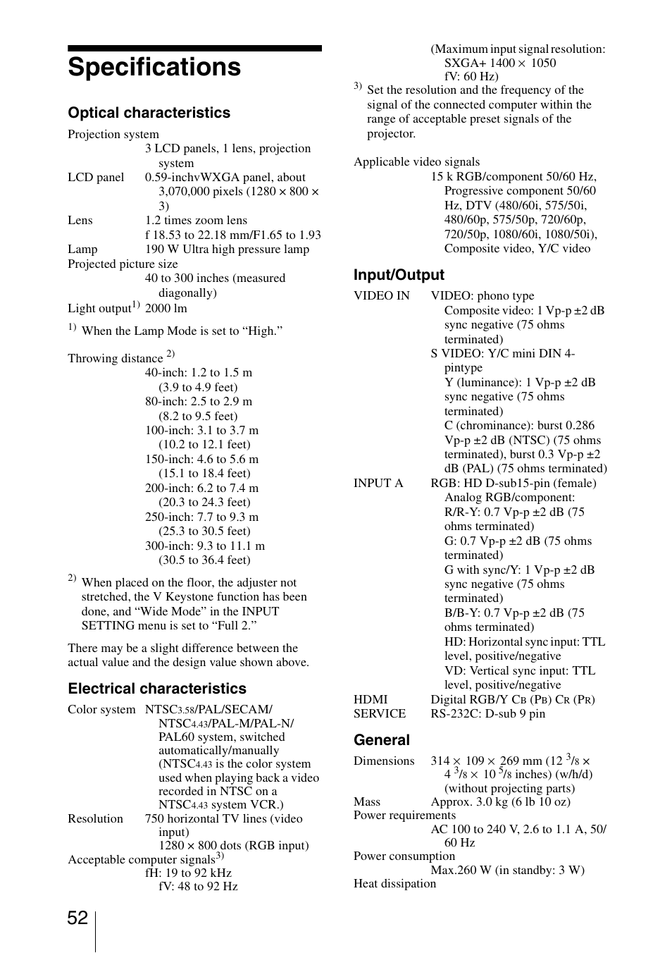 Specifications, Optical characteristics, Electrical characteristics | Input/output, General | Sony VPL-BW5 User Manual | Page 52 / 64