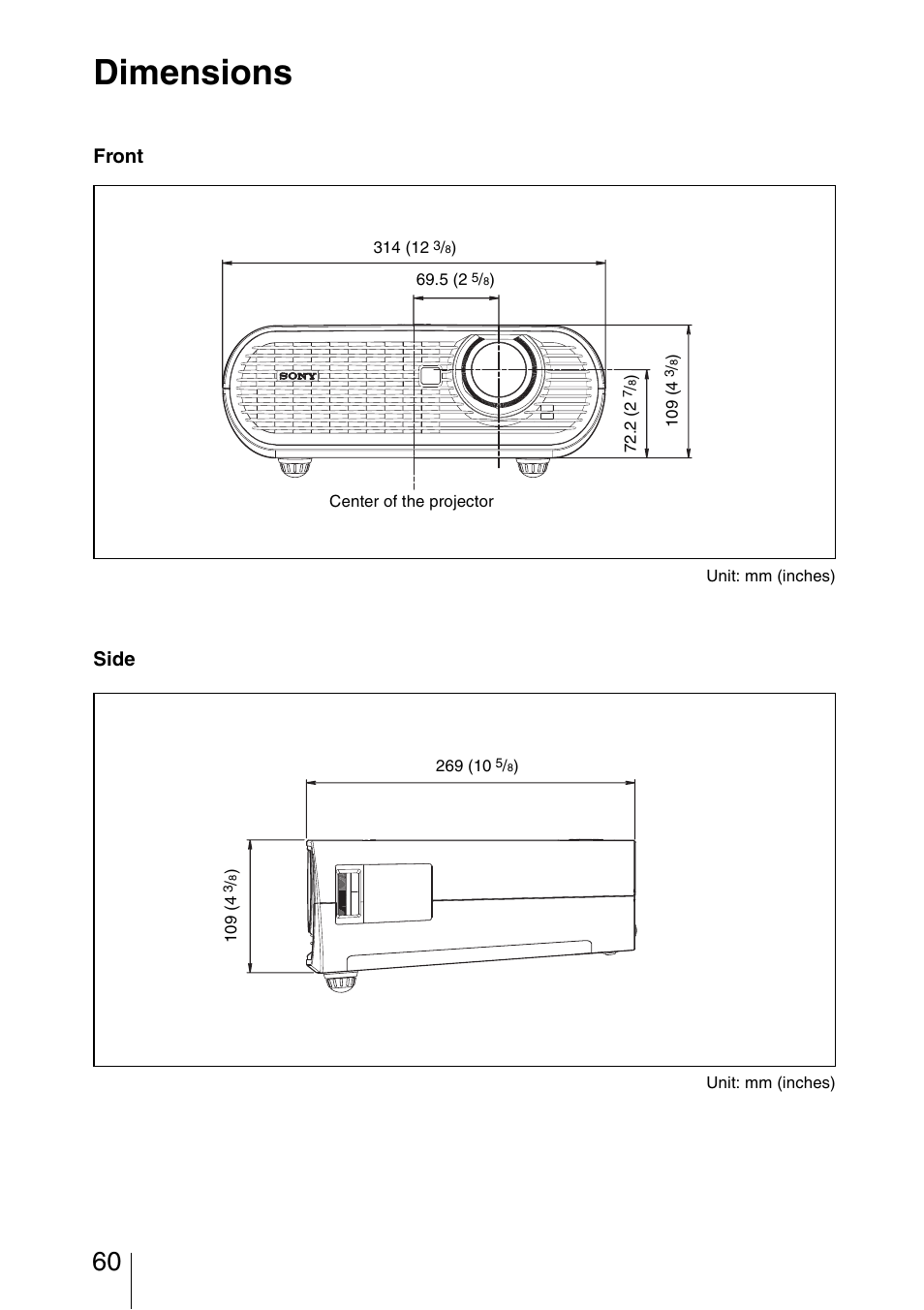 Dimensions, Front, Side | Sony VPL-BW5 User Manual | Page 60 / 64