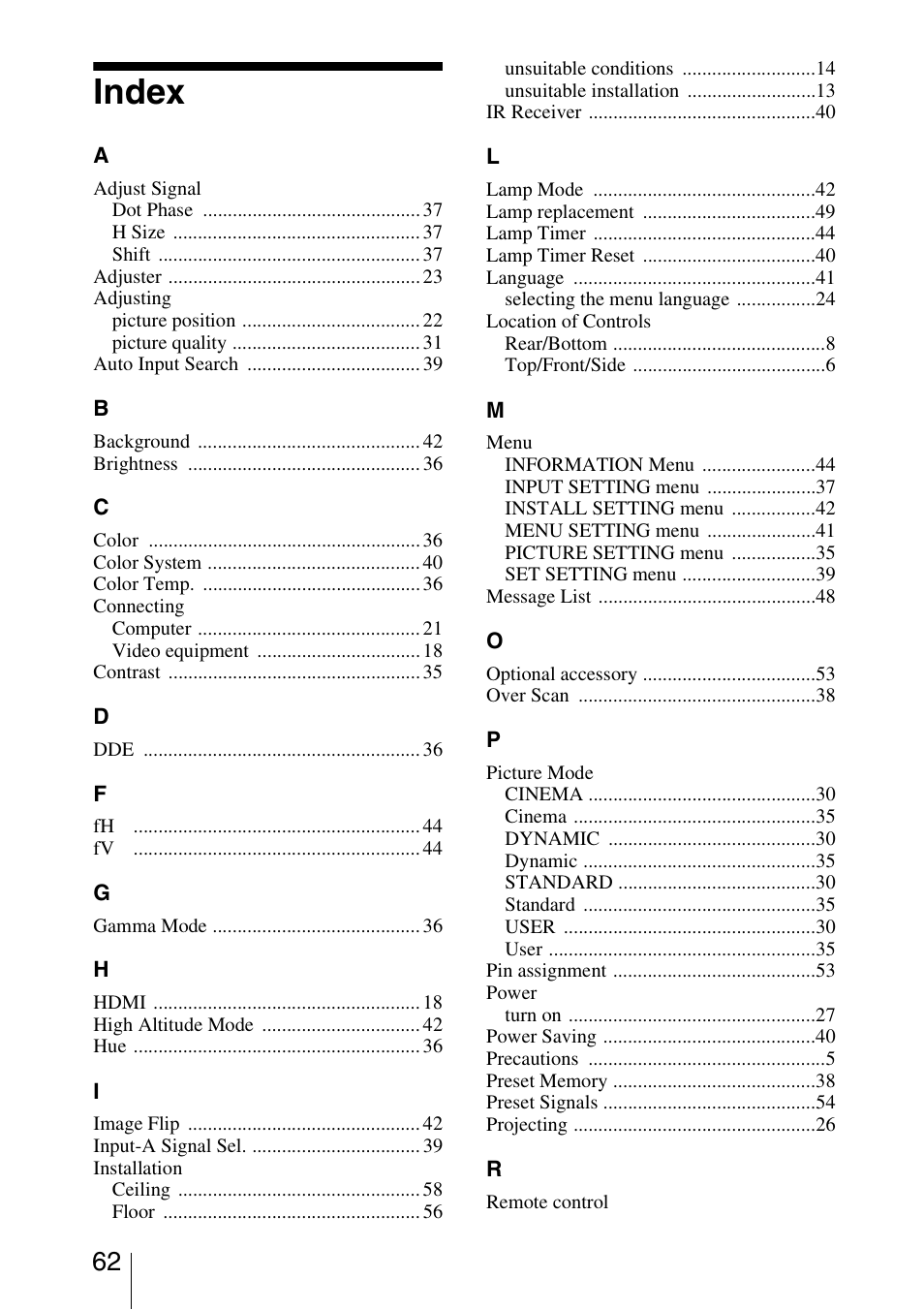 Index | Sony VPL-BW5 User Manual | Page 62 / 64