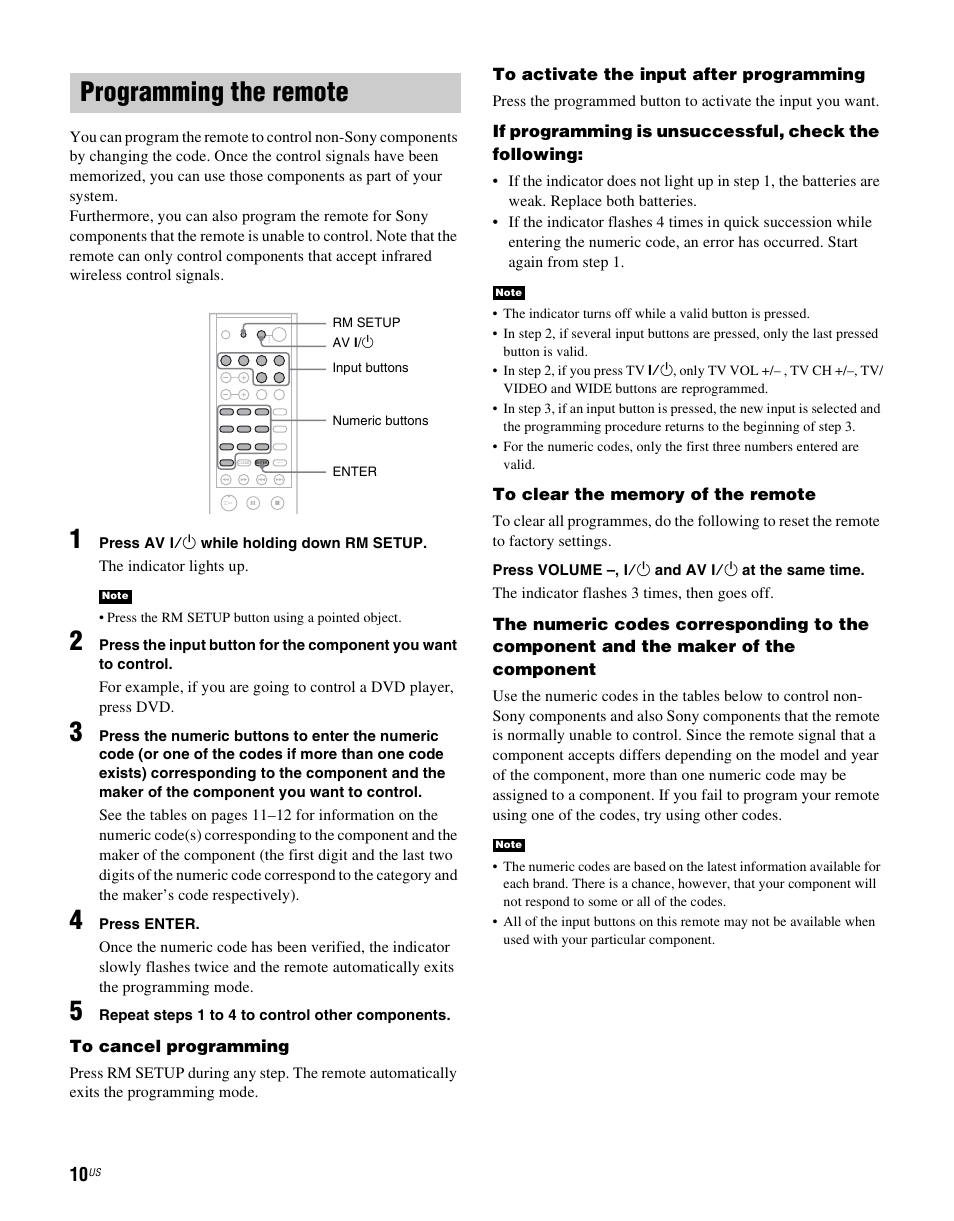 Programming the remote | Sony RHTG2000 User Manual | Page 10 / 36
