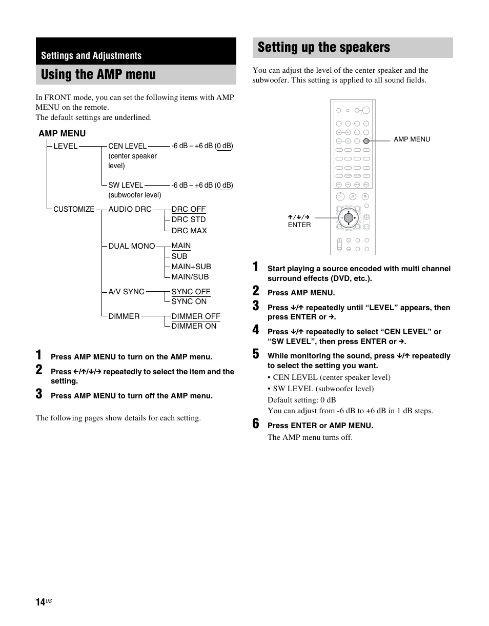 Settings and adjustments, Using the amp menu, Setting up the speakers | Using the amp menu setting up the speakers | Sony RHTG2000 User Manual | Page 14 / 36