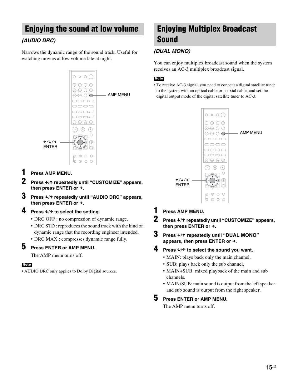 Enjoying the sound at low volume, Audio drc), Enjoying multiplex broadcast sound | Dual mono) | Sony RHTG2000 User Manual | Page 15 / 36