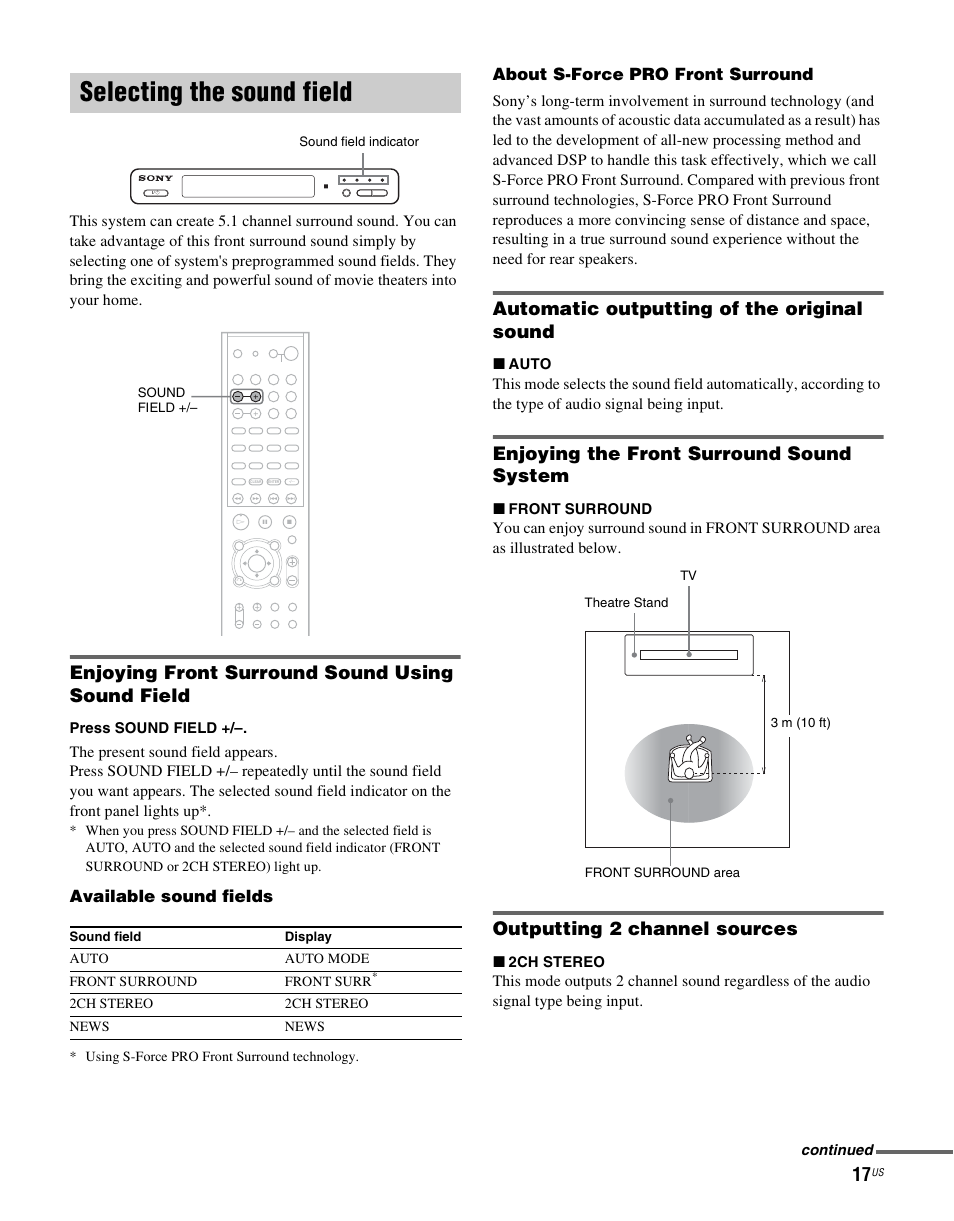 Selecting the sound field, Enjoying front surround sound using sound field, Automatic outputting of the original sound | Enjoying the front surround sound system, Outputting 2 channel sources, Available sound fields, About s-force pro front surround | Sony RHTG2000 User Manual | Page 17 / 36