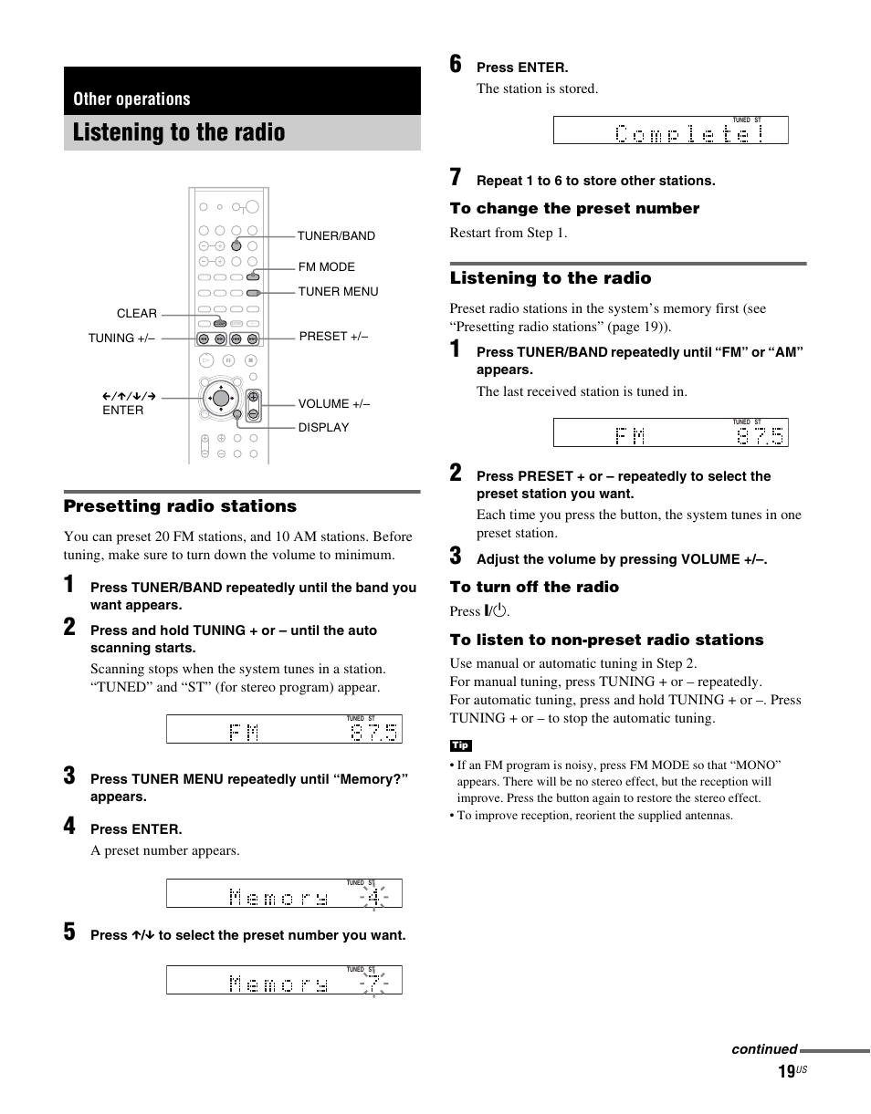 Other operations, Listening to the radio, Presetting radio stations | Sony RHTG2000 User Manual | Page 19 / 36