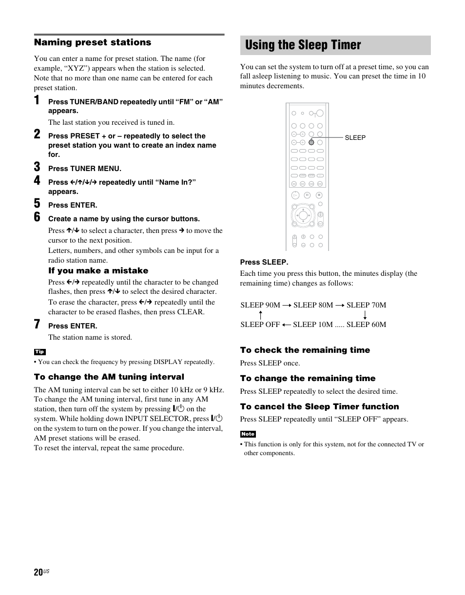 Using the sleep timer, Naming preset stations | Sony RHTG2000 User Manual | Page 20 / 36