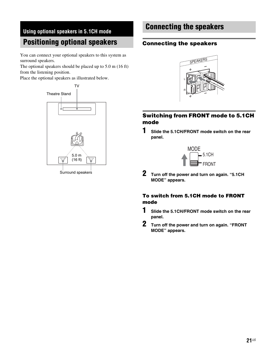 Using optional speakers in 5.1ch mode, Positioning optional speakers, Connecting the speakers | Sony RHTG2000 User Manual | Page 21 / 36