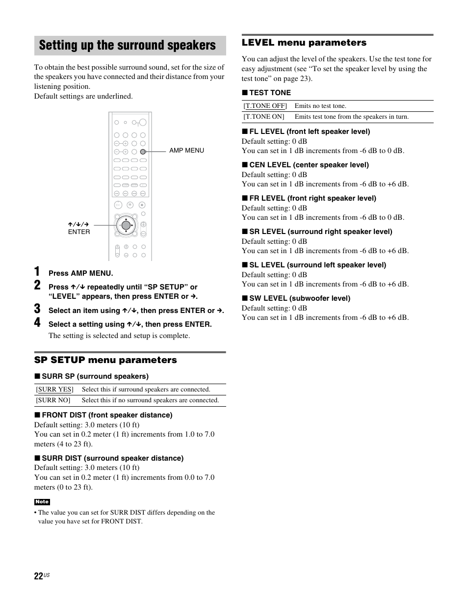 Setting up the surround speakers, Sp setup menu parameters, Level menu parameters | Sony RHTG2000 User Manual | Page 22 / 36