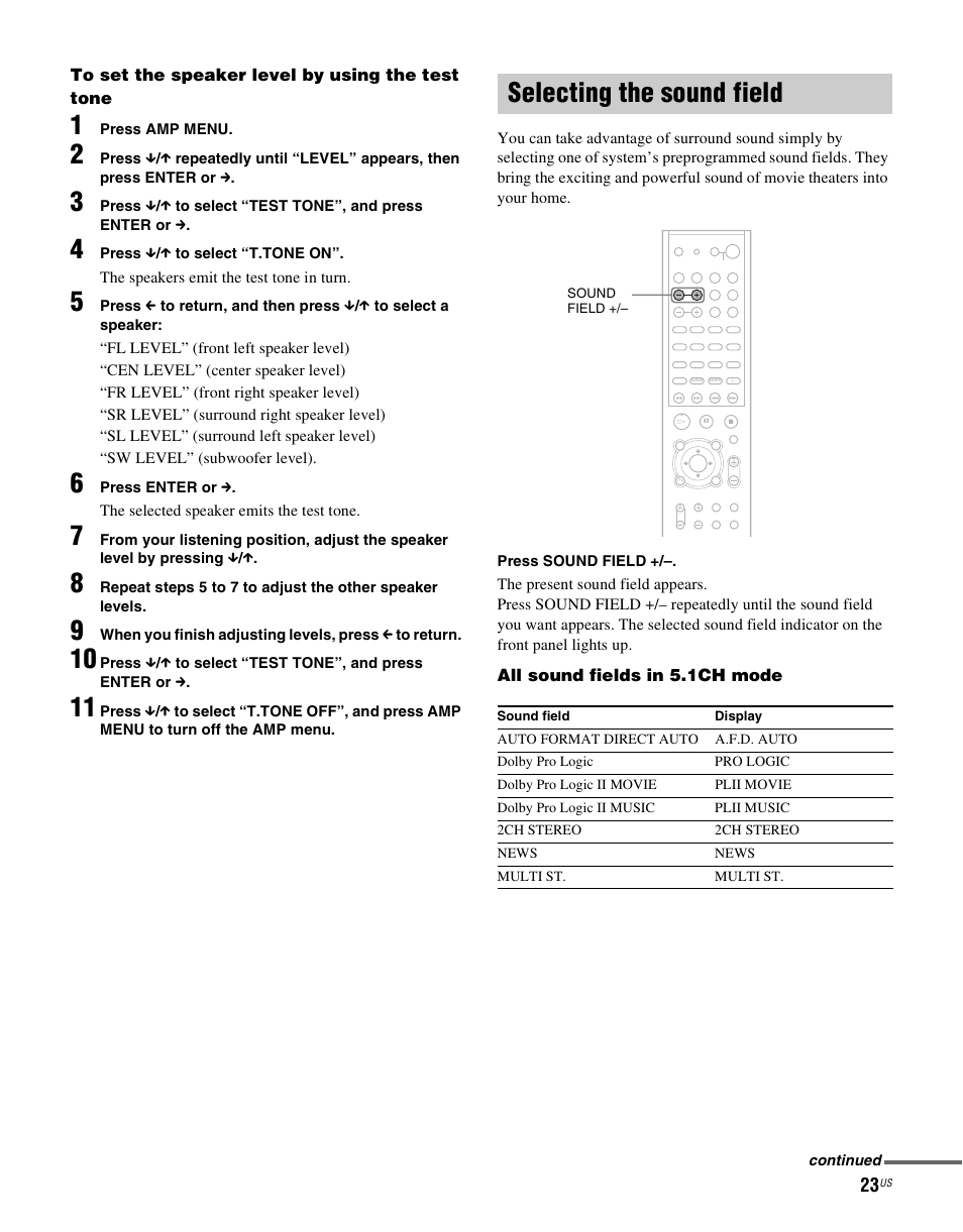 Selecting the sound field | Sony RHTG2000 User Manual | Page 23 / 36