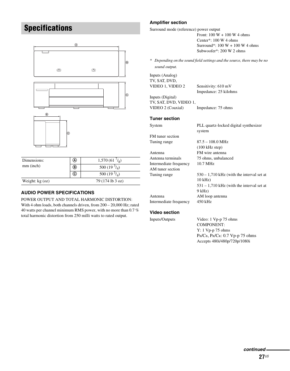 Specifications | Sony RHTG2000 User Manual | Page 27 / 36