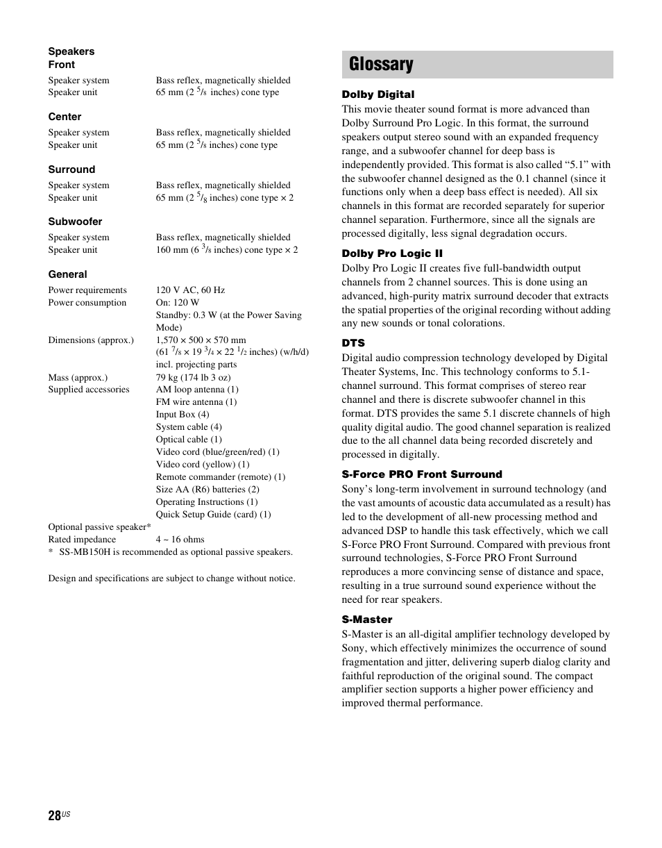 Glossary | Sony RHTG2000 User Manual | Page 28 / 36