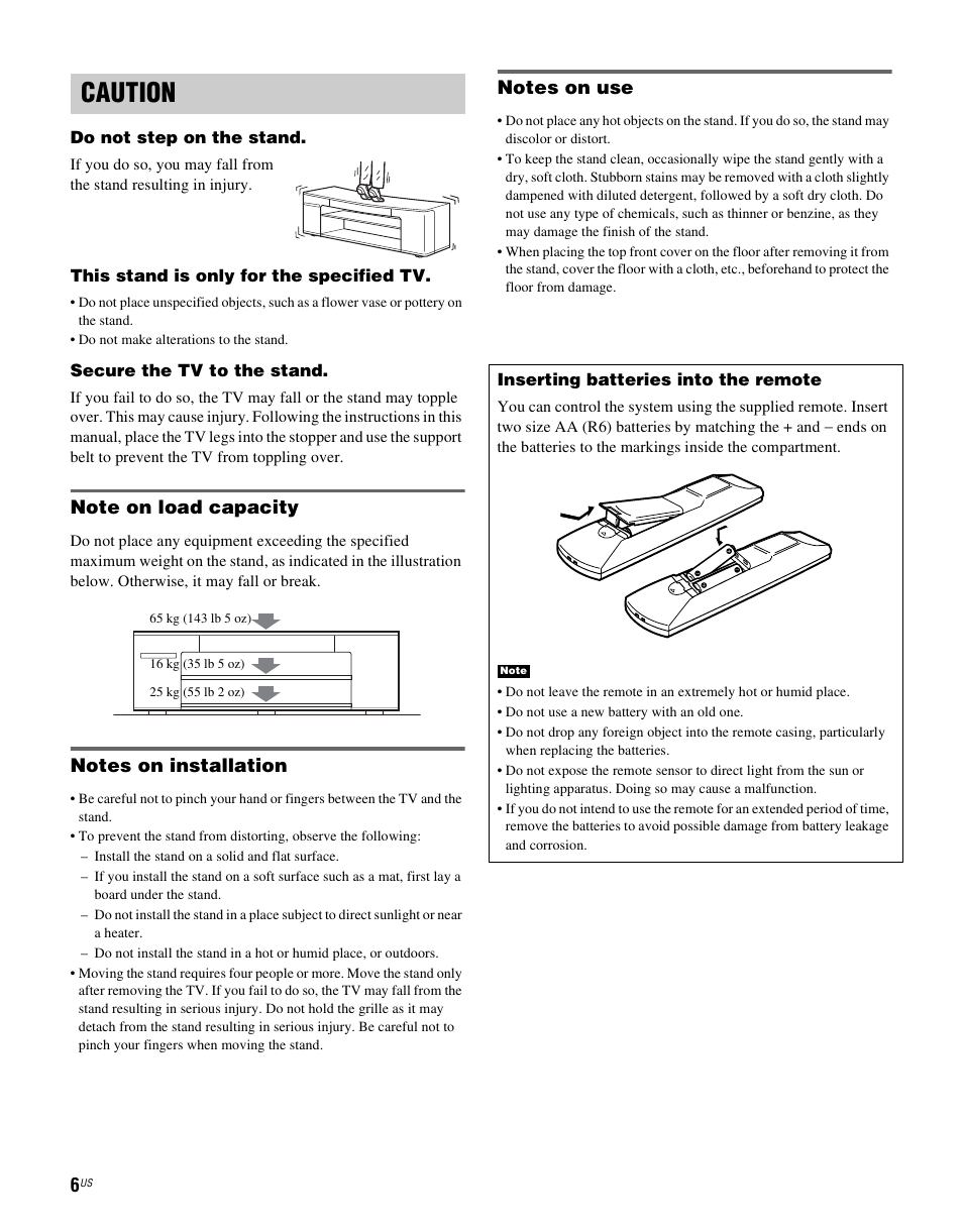 Caution | Sony RHTG2000 User Manual | Page 6 / 36