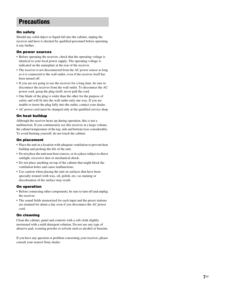 Precautions | Sony RHTG2000 User Manual | Page 7 / 36