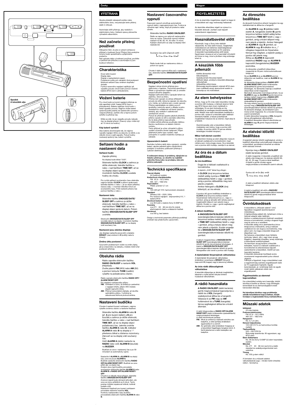 Než začnete přístroj používat, Charakteristika, Vložení baterie | Seřízení hodin a nastavení data, Obsluha rádia, Nastavení budíčku, Nastavení časovaného vypnutí, Bezpečnostní opatření, Technická specifikace, Használatbavétel előtt | Sony ICF-C760 User Manual | Page 2 / 2