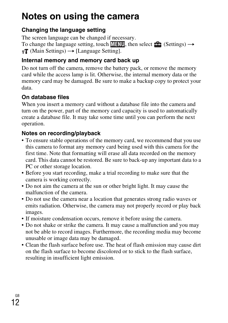 Notes on using the camera | Sony 4-170-840-11(1) User Manual | Page 12 / 36