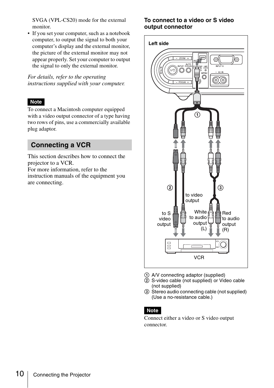 Connecting a vcr | Sony VPL-CS20 User Manual | Page 10 / 46