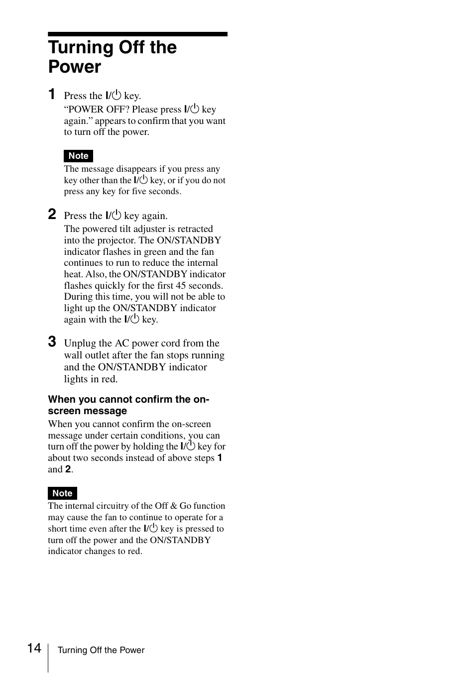 Turning off the power | Sony VPL-CS20 User Manual | Page 14 / 46