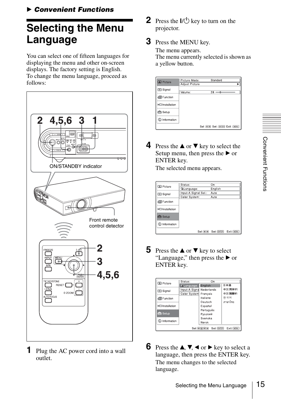 Convenient functions, Selecting the menu language | Sony VPL-CS20 User Manual | Page 15 / 46