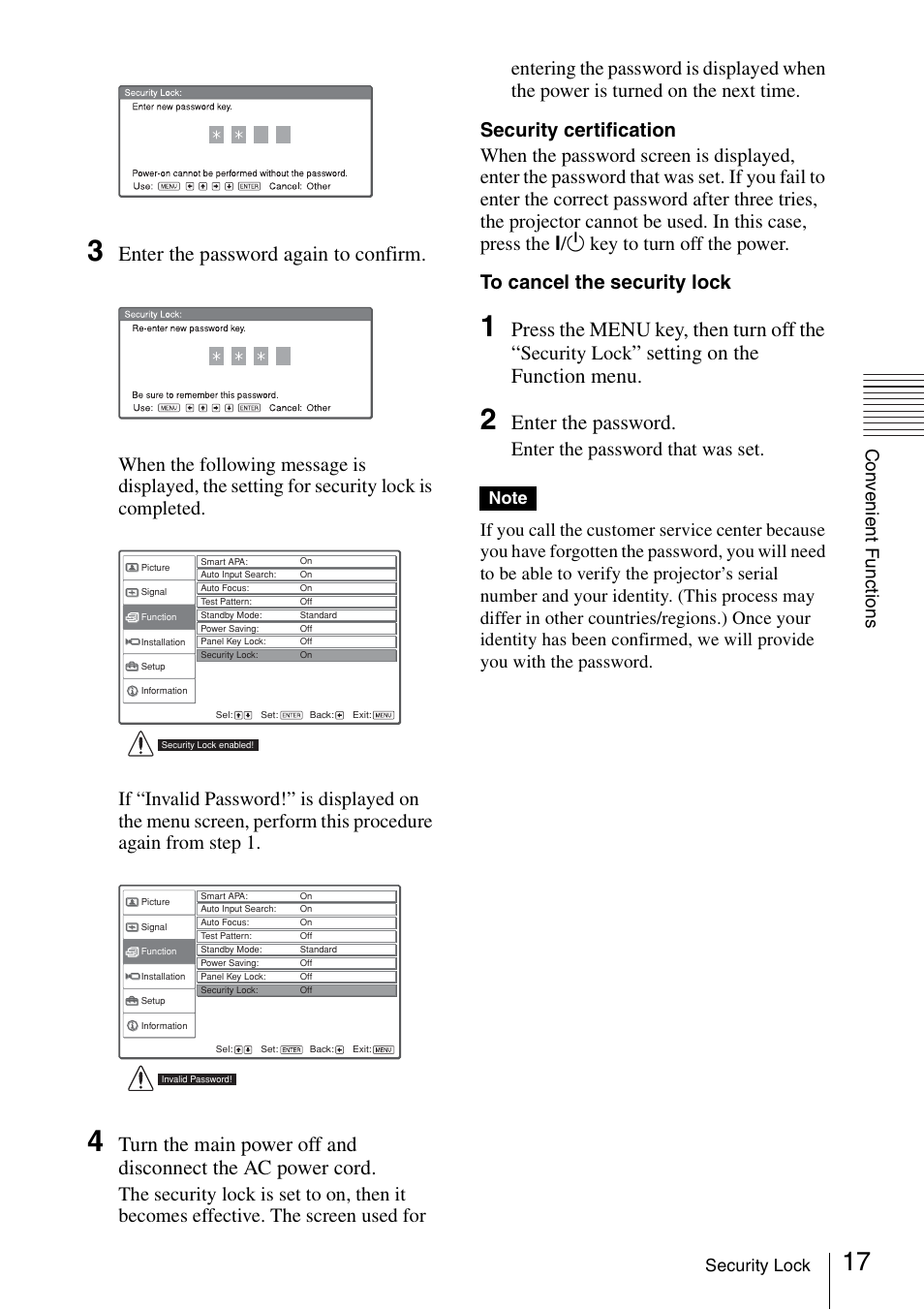 Enter the password again to confirm, Press the menu key, then turn off the, Setting on the function menu | Enter the password, Enter the password that was set, Co n v en ient fun c tions, Security lock | Sony VPL-CS20 User Manual | Page 17 / 46