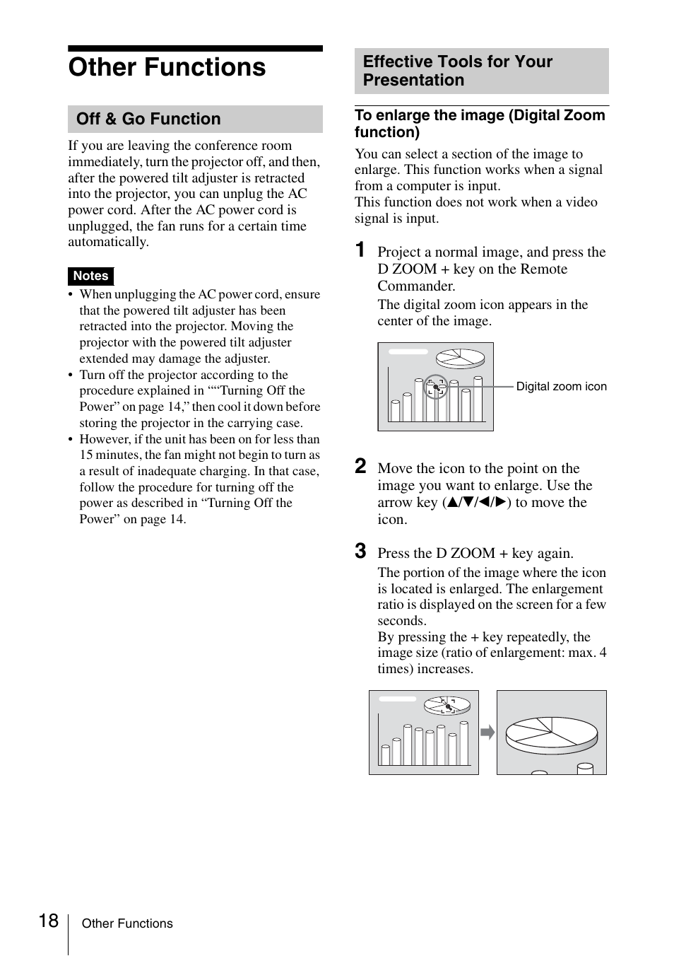 Other functions, Off & go function, Effective tools for your presentation | Off & go function effective tools for your, Presentation | Sony VPL-CS20 User Manual | Page 18 / 46