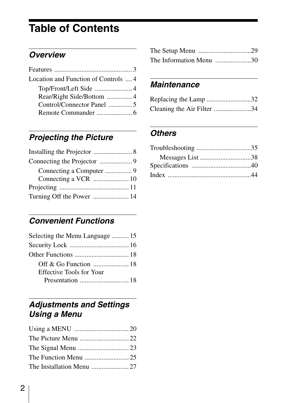 Sony VPL-CS20 User Manual | Page 2 / 46