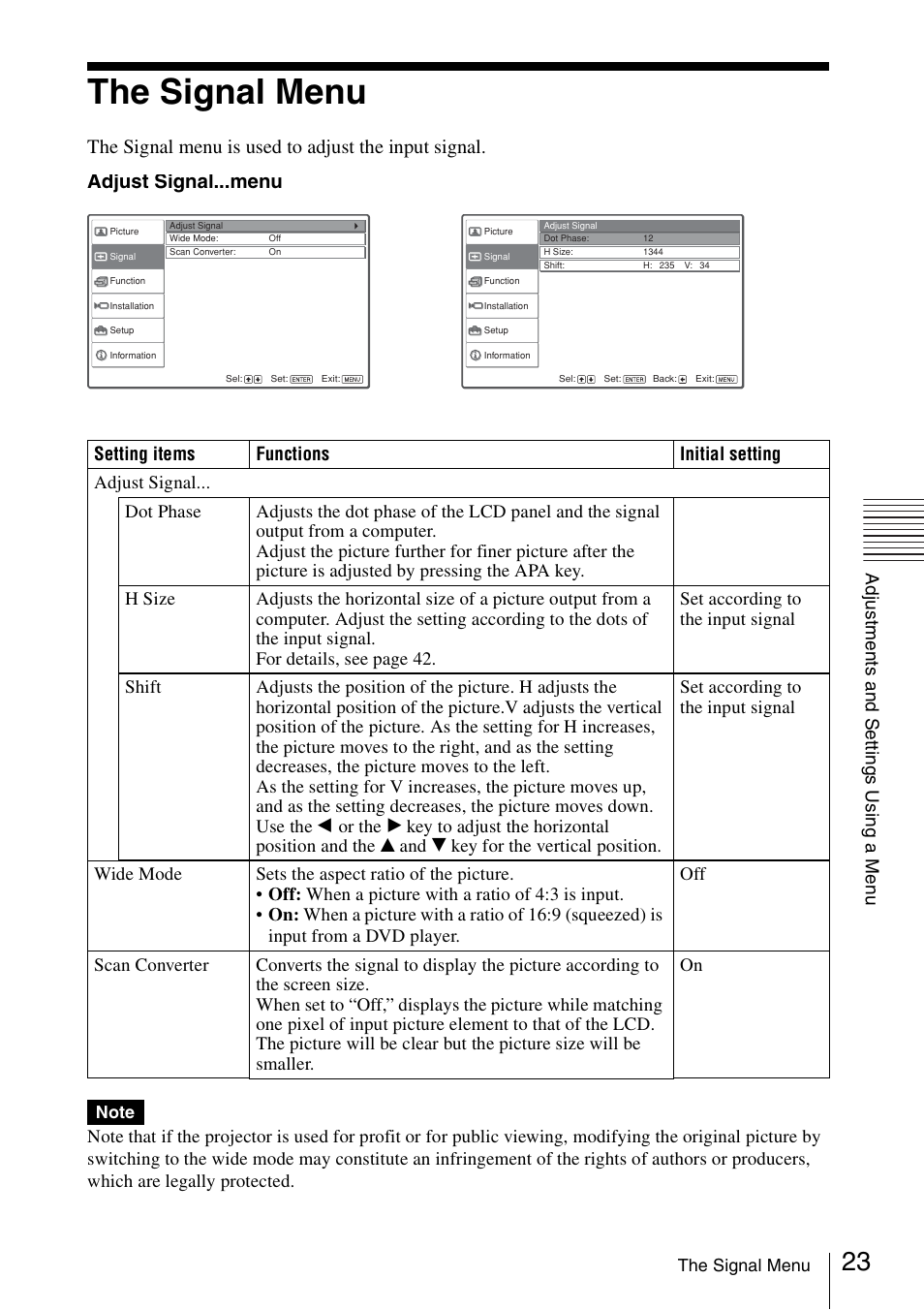 The signal menu, The signal menu is used to adjust the input signal, Adjust signal...menu | Sony VPL-CS20 User Manual | Page 23 / 46