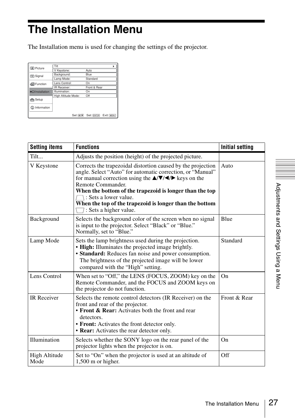 The installation menu | Sony VPL-CS20 User Manual | Page 27 / 46