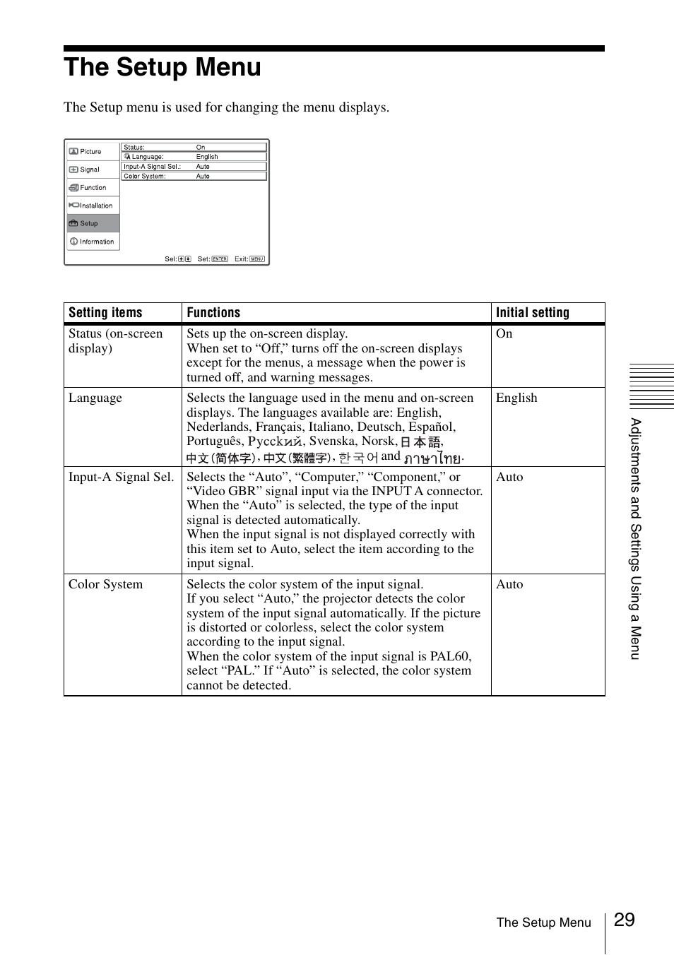 The setup menu | Sony VPL-CS20 User Manual | Page 29 / 46