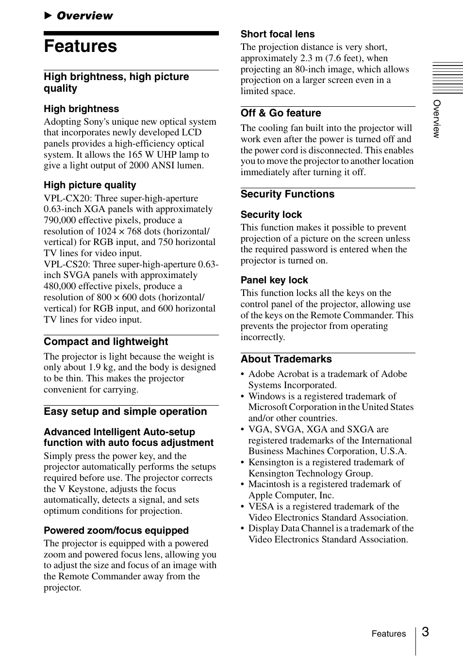 Overview, Features | Sony VPL-CS20 User Manual | Page 3 / 46