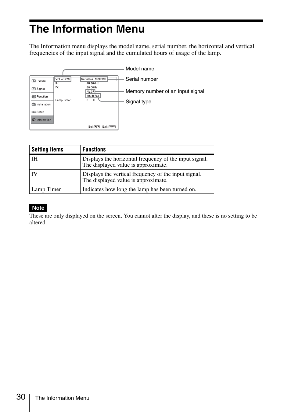 The information menu | Sony VPL-CS20 User Manual | Page 30 / 46