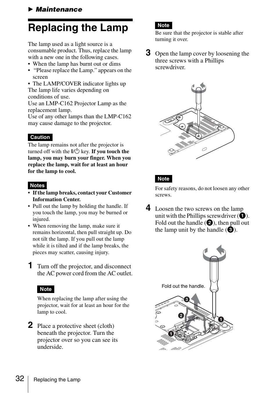 Maintenance, Replacing the lamp | Sony VPL-CS20 User Manual | Page 32 / 46