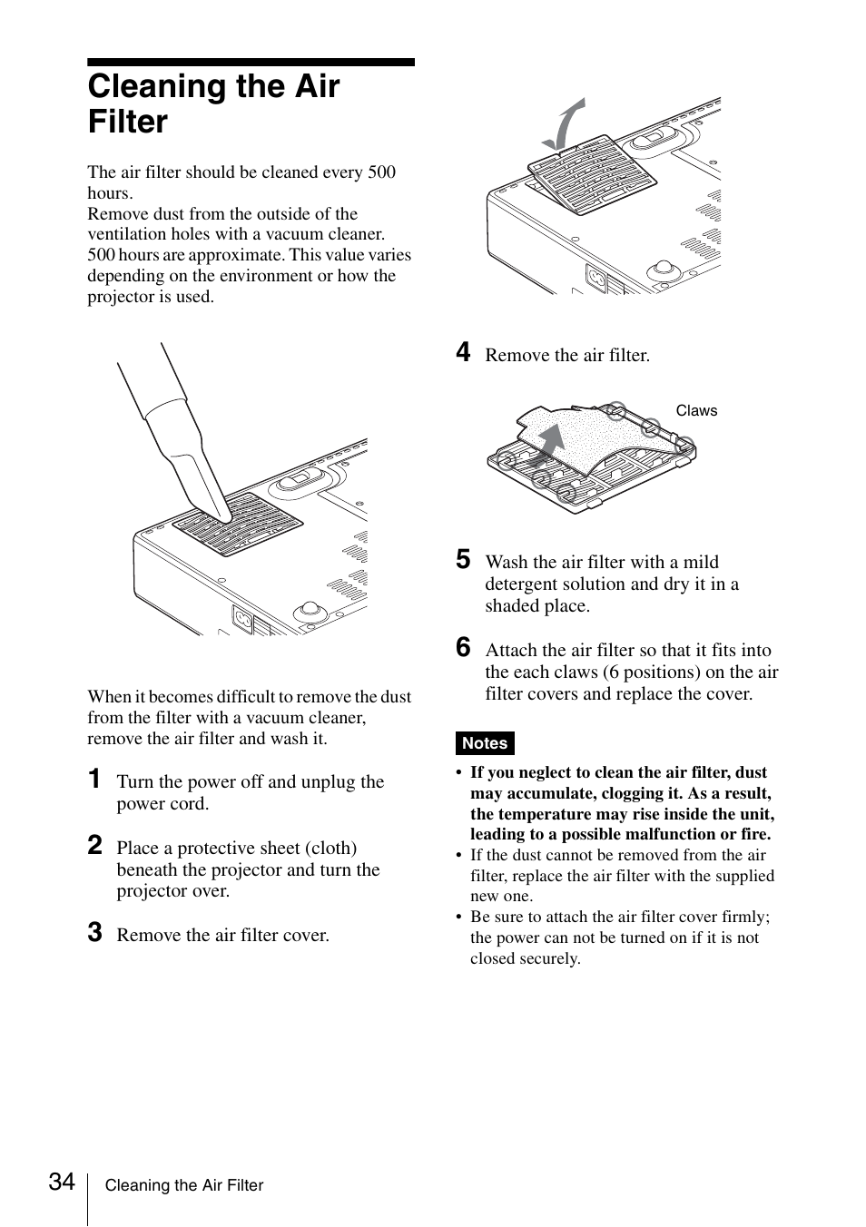 Cleaning the air filter | Sony VPL-CS20 User Manual | Page 34 / 46