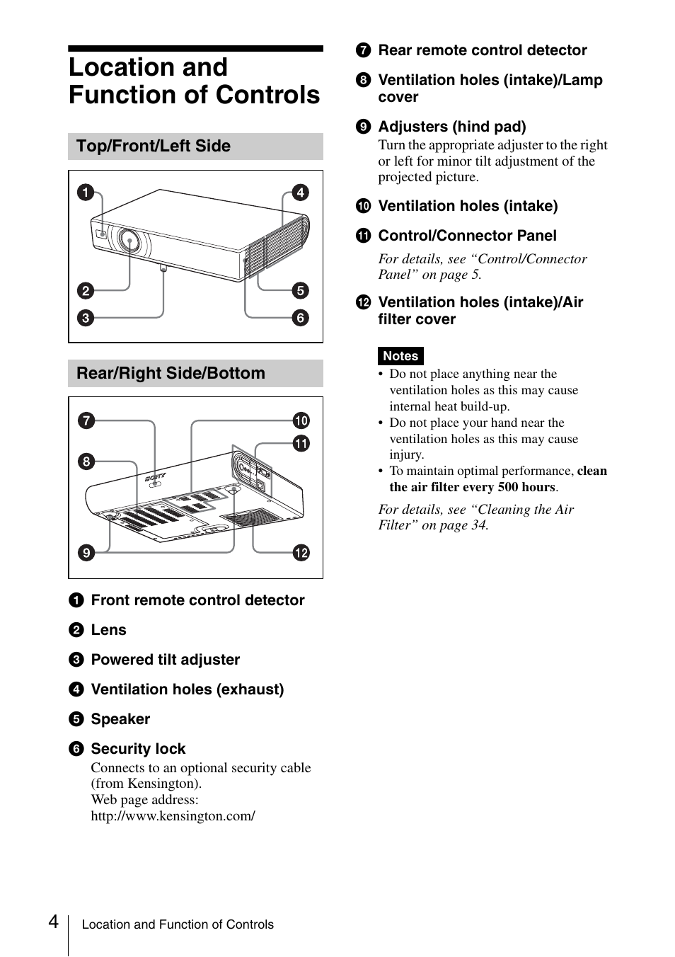 Location and function of controls, Top/front/left side, Rear/right side/bottom | Top/front/left side rear/right side/bottom | Sony VPL-CS20 User Manual | Page 4 / 46