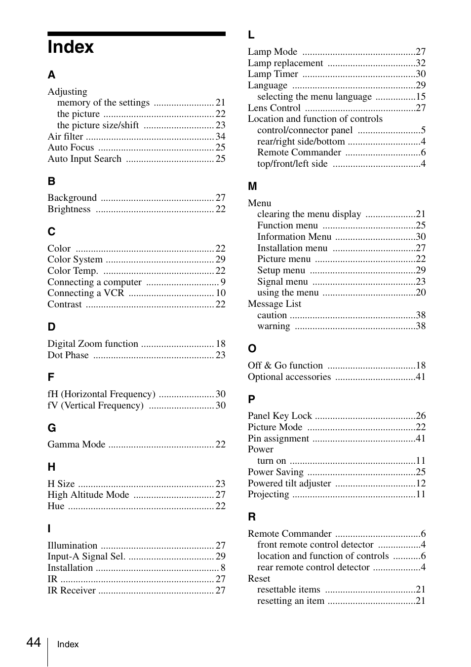 Index | Sony VPL-CS20 User Manual | Page 44 / 46