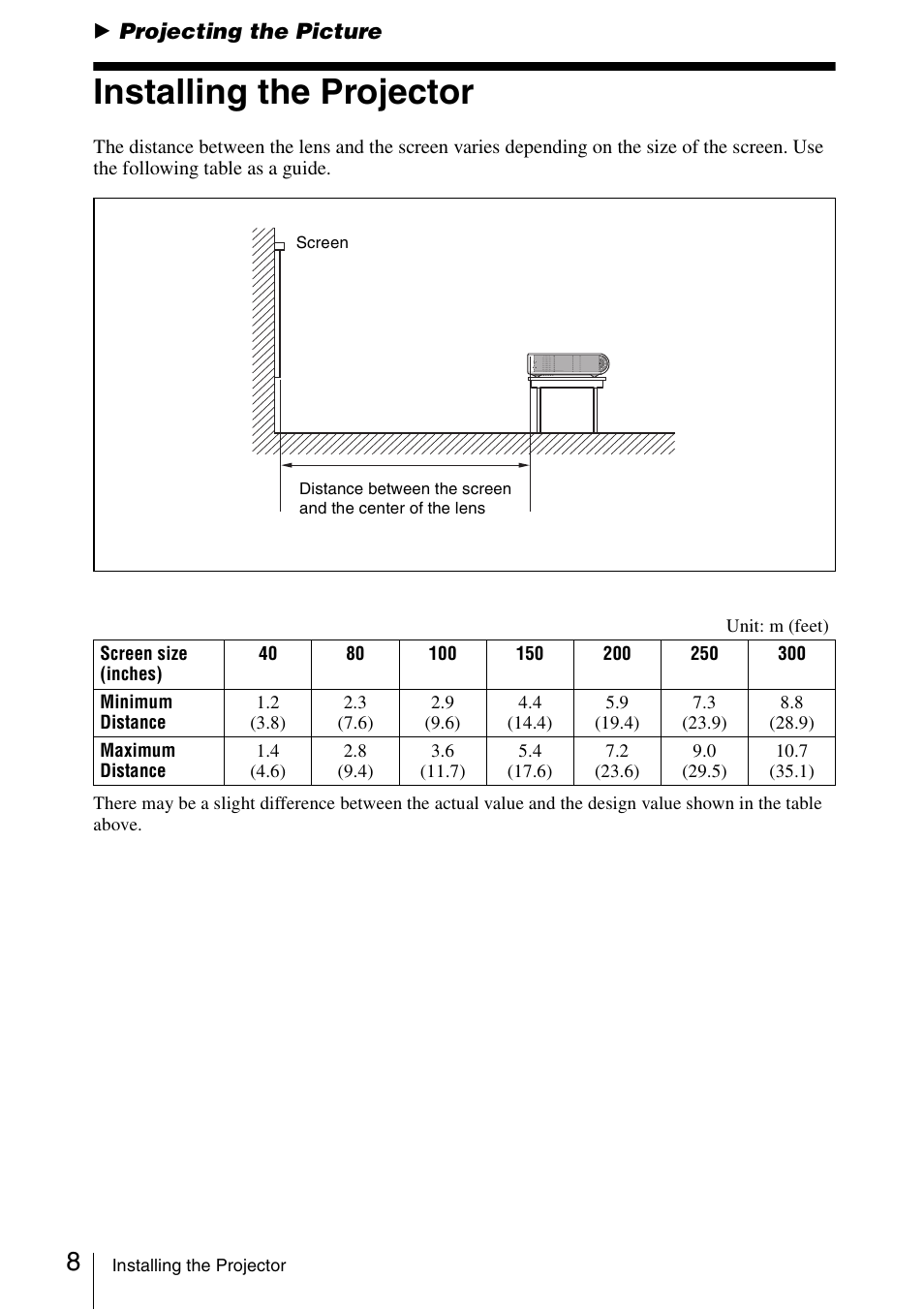 Projecting the picture, Installing the projector | Sony VPL-CS20 User Manual | Page 8 / 46