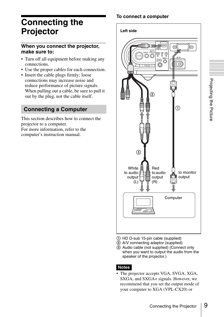 Connecting the projector, Connecting a computer | Sony VPL-CS20 User Manual | Page 9 / 46