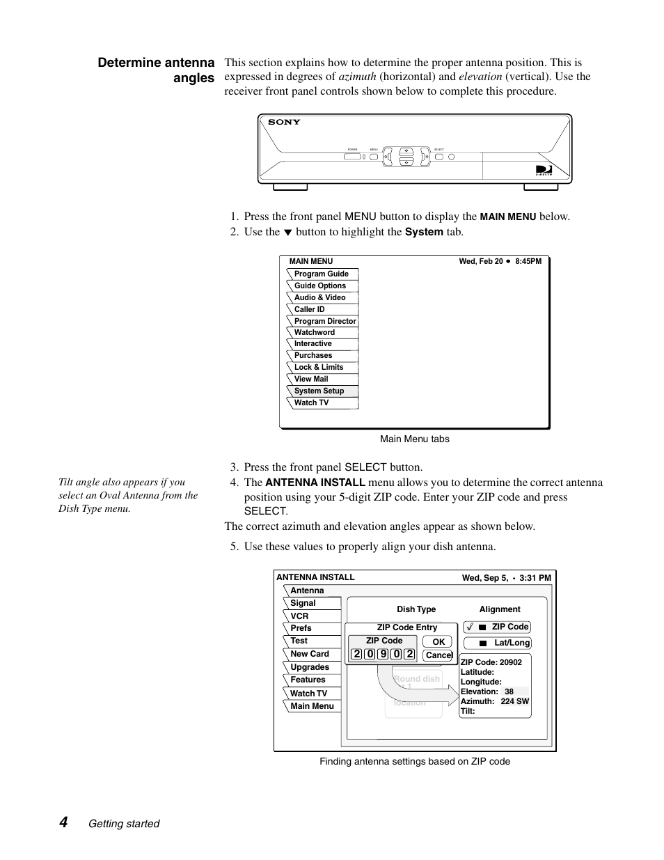 Determine antenna angles, Button to display the, Below. 2. use the button to highlight the | Tab. 3. press the front panel, Button | Sony SAT-A65A User Manual | Page 12 / 61