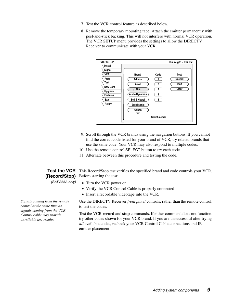 Test the vcr (record/stop) | Sony SAT-A65A User Manual | Page 17 / 61