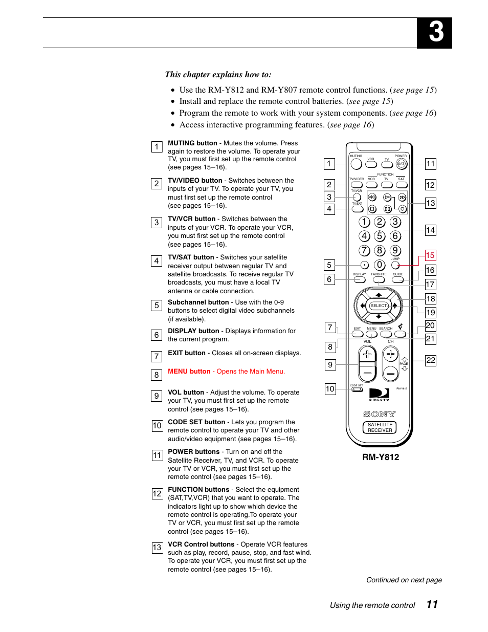 Using the remote control, Rm-y812 | Sony SAT-A65A User Manual | Page 19 / 61