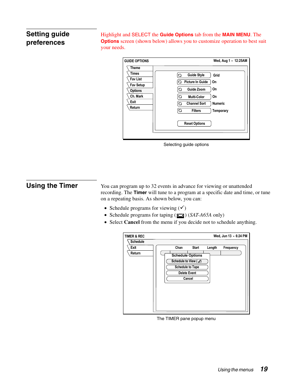 19 setting guide preferences, Using the timer | Sony SAT-A65A User Manual | Page 27 / 61