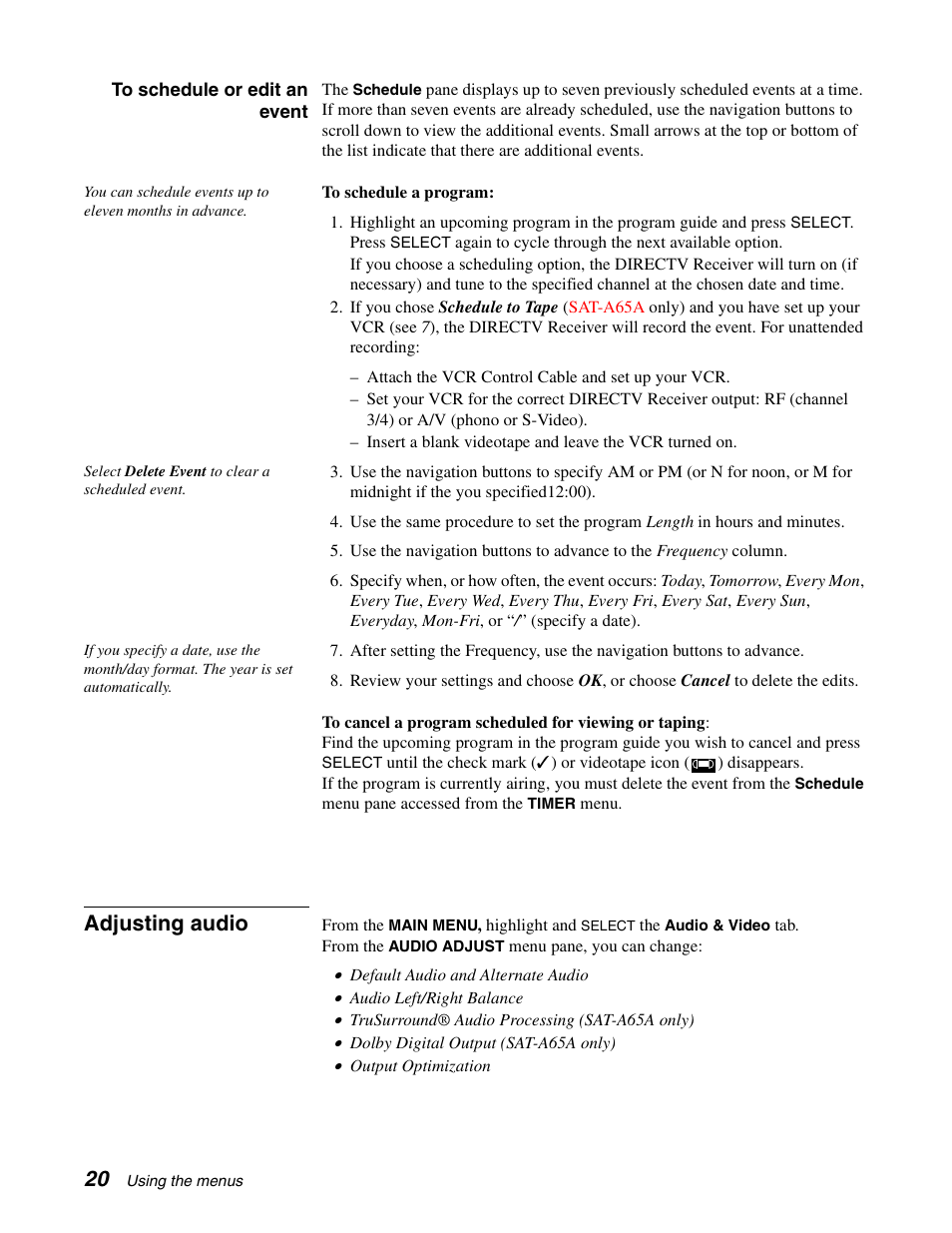 Adjusting audio | Sony SAT-A65A User Manual | Page 28 / 61