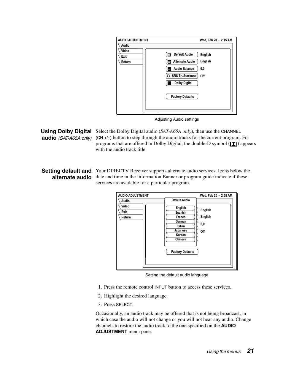 Using dolby digital audio, Setting default and alternate audio | Sony SAT-A65A User Manual | Page 29 / 61