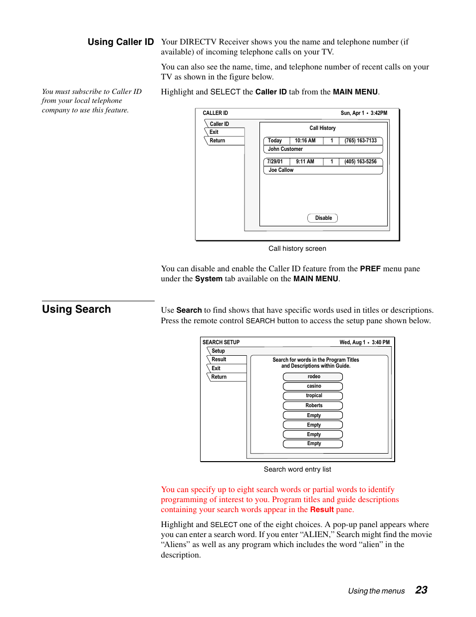 Using search, Using caller id | Sony SAT-A65A User Manual | Page 31 / 61