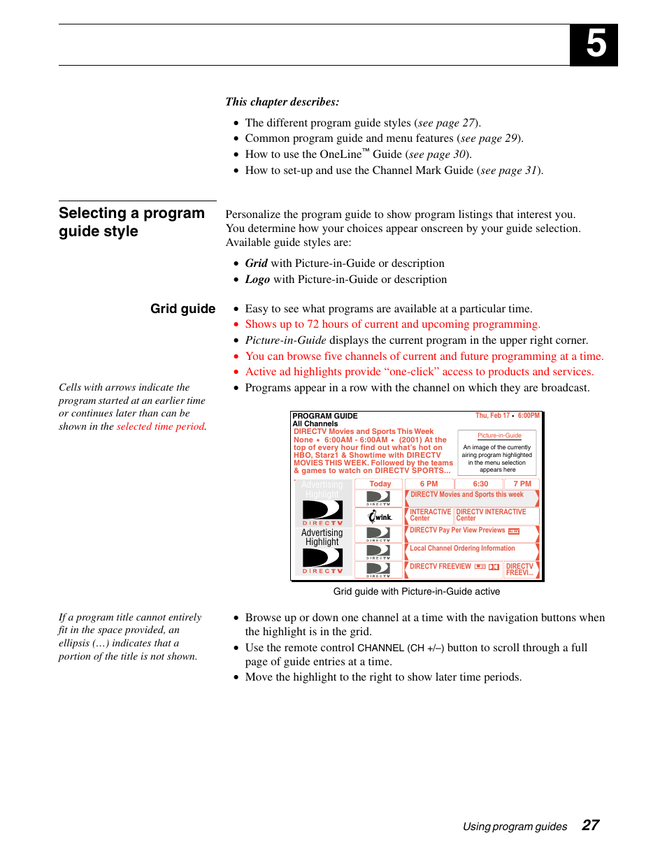 Using program guides, Selecting a program guide style, Grid guide | Sony SAT-A65A User Manual | Page 35 / 61