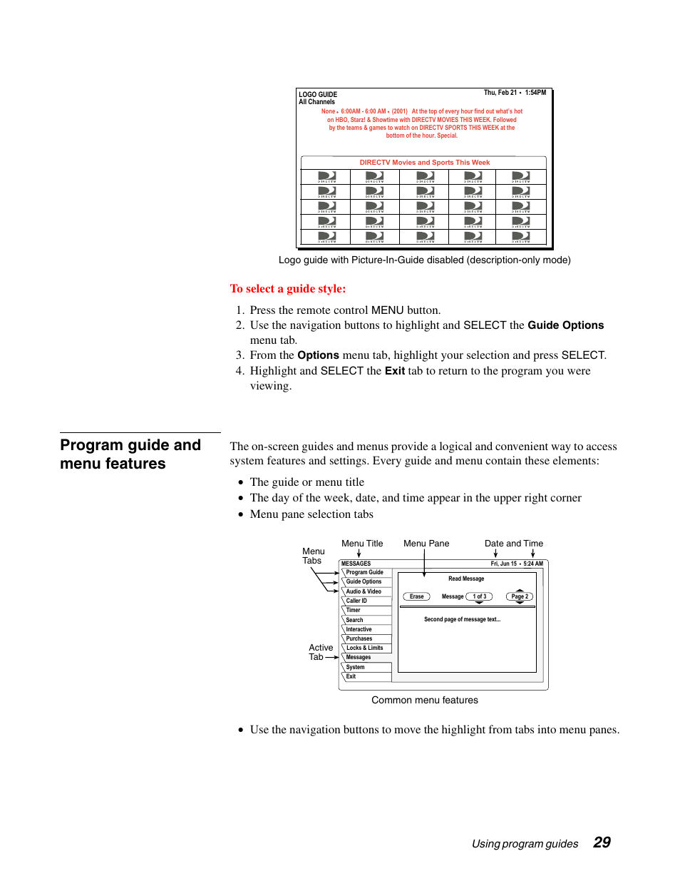 Program guide and menu features, Menu tab. 3. from the, Menu tab, highlight your selection and press | Highlight and, Tab to return to the program you were viewing | Sony SAT-A65A User Manual | Page 37 / 61
