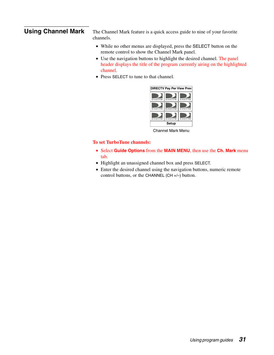 31 using channel mark | Sony SAT-A65A User Manual | Page 39 / 61
